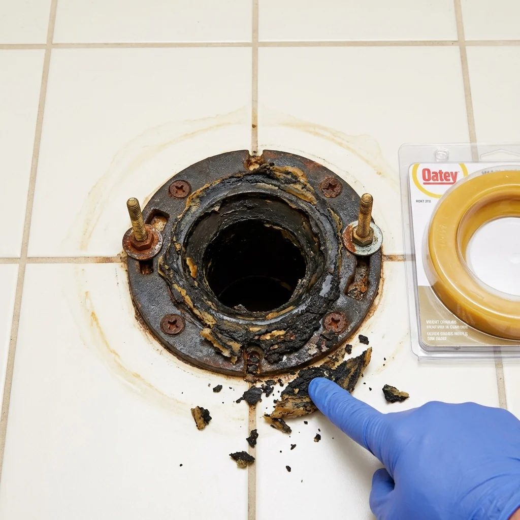 Failed wax ring showing water seepage at the base of a toilet in a Clinton, OK home