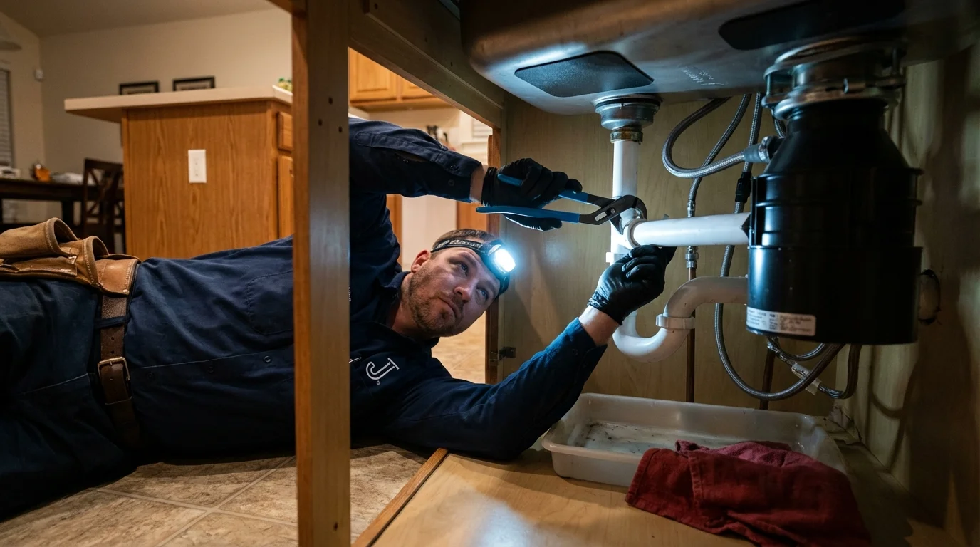 P-trap and supply line connections under a kitchen sink showing a common leak point in Clinton, OK